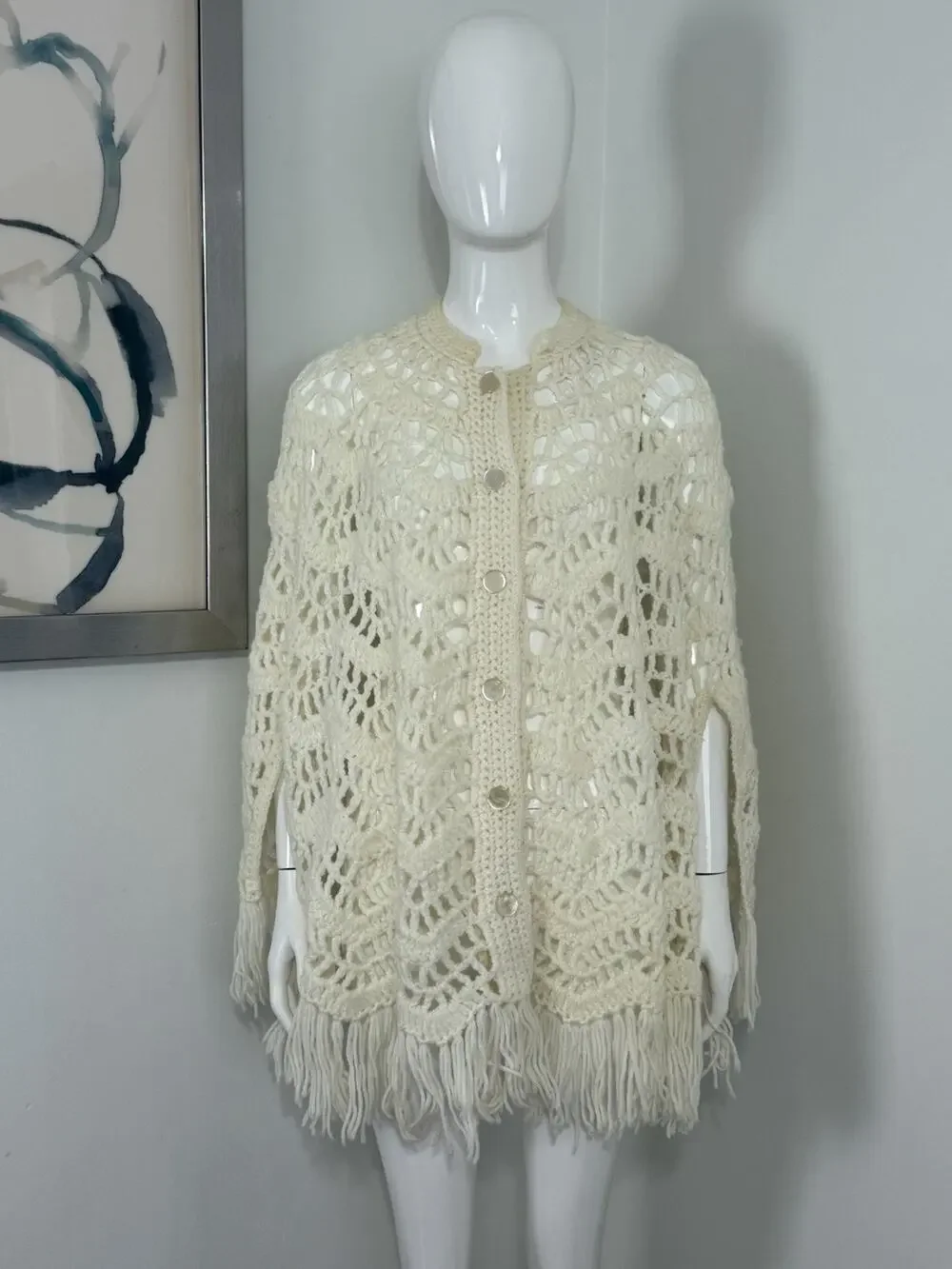 Handmade Crocheted Shawl Sweater Wrap Cape Coverup Ivory Cream Fringe Boho OS